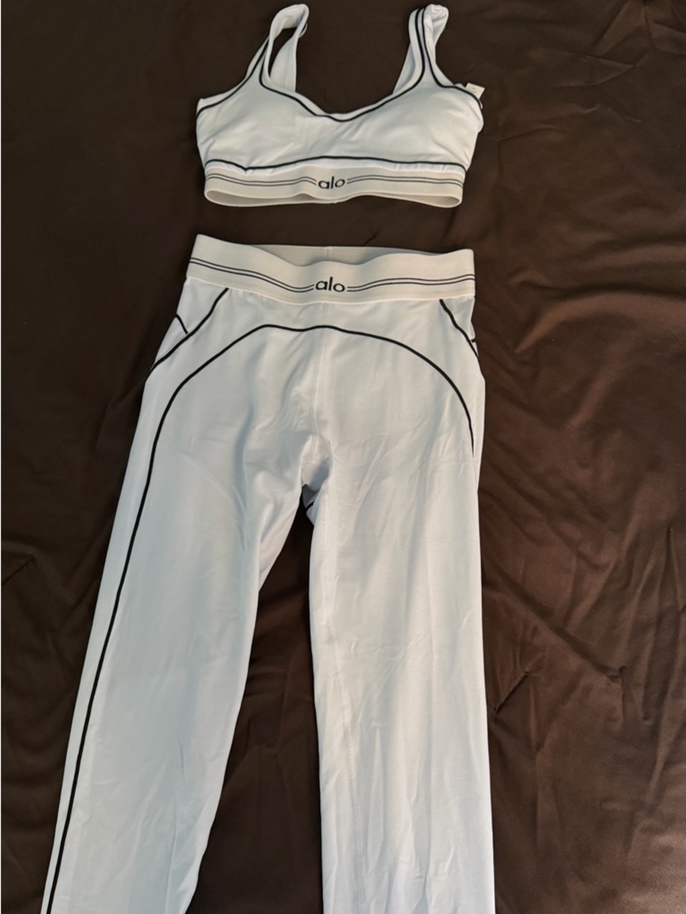 ALO Yoga White Active Bra and Legging Set with Black Trim